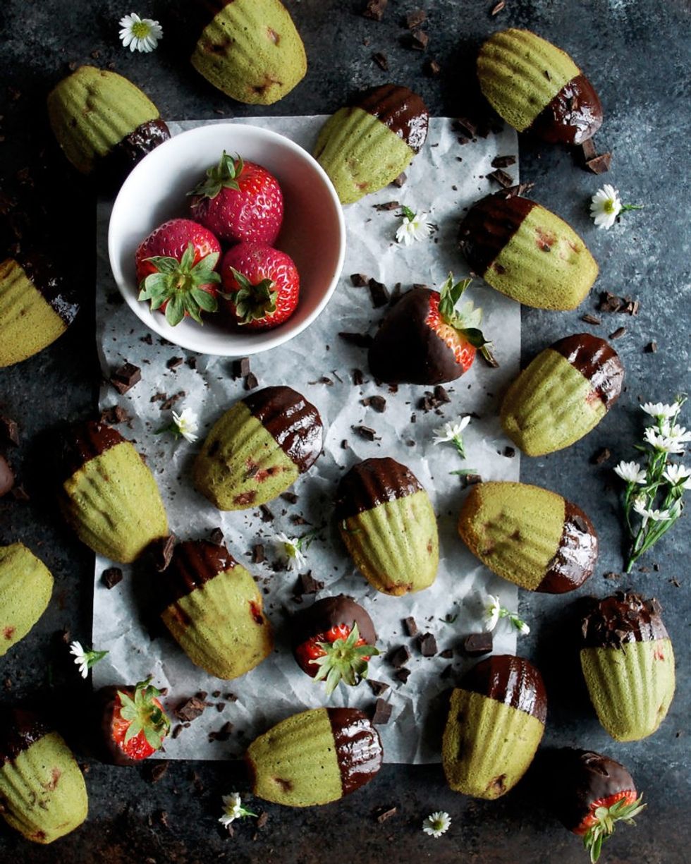 Chocolate-Covered Strawberry Matcha Madeleines