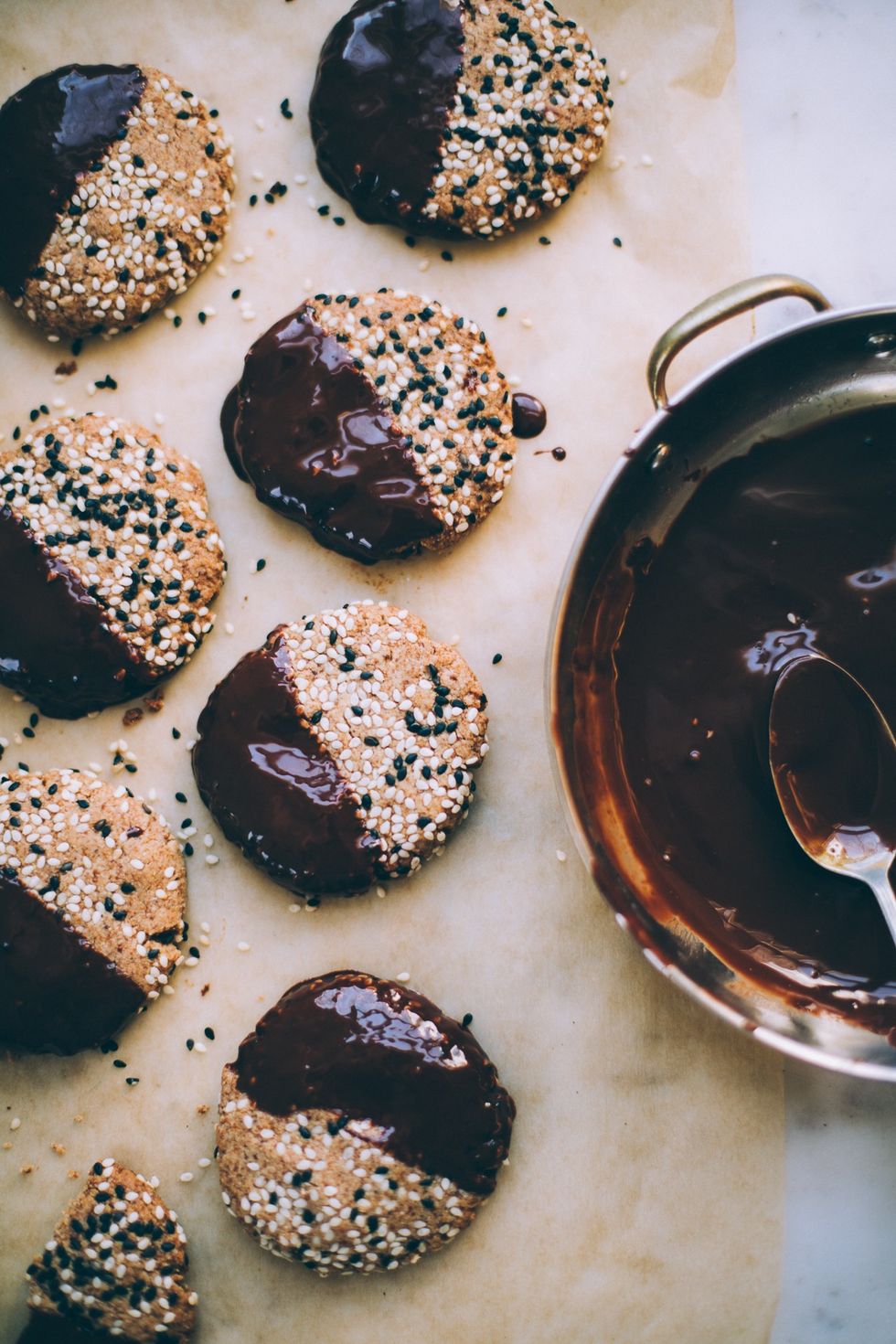 Chocolate Dipped Tahini Cookies