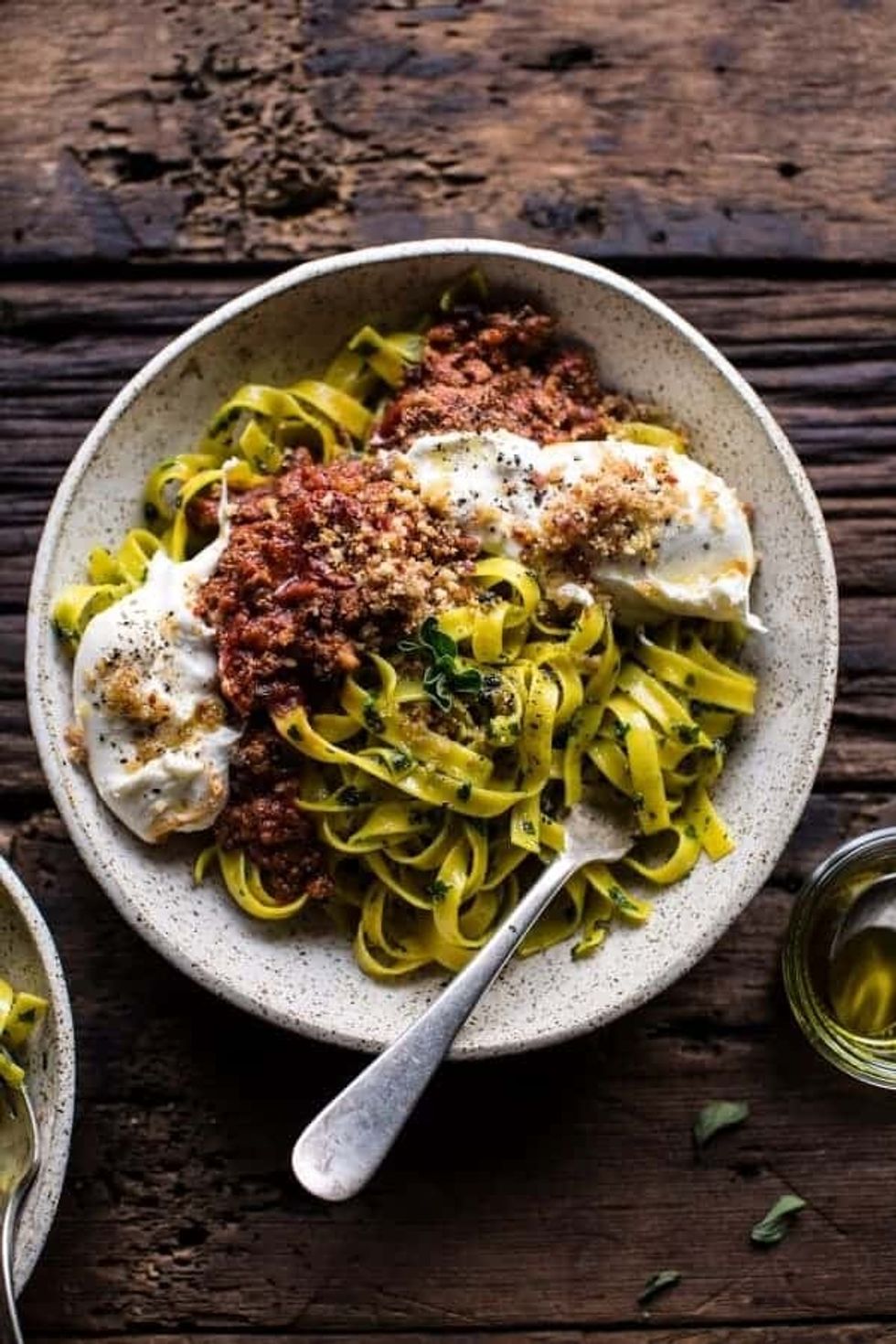 Chorizo Bolognese Pasta with Sourdough Pangrattato + Burrata