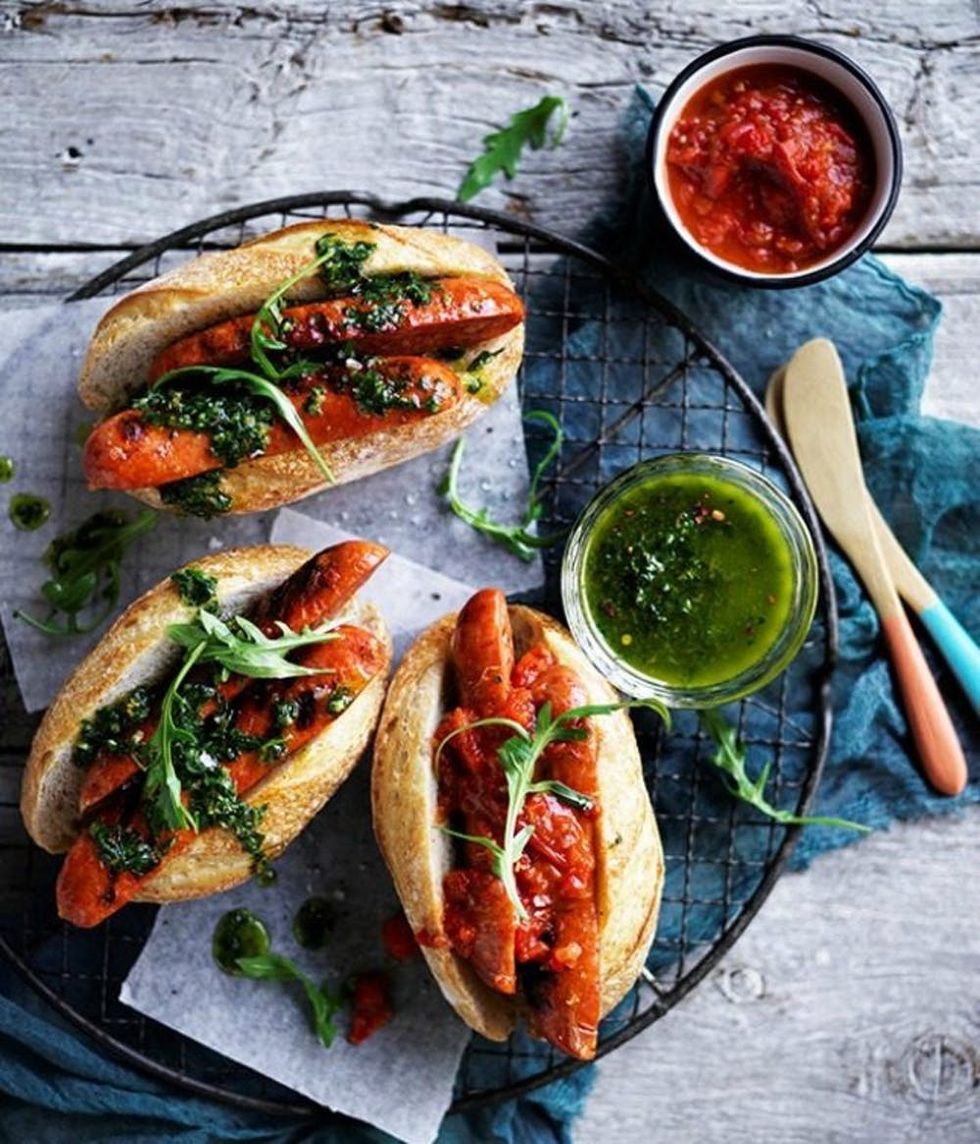 Chorizo Hot Dogs With Chimichurri and Smokey Red Relish
