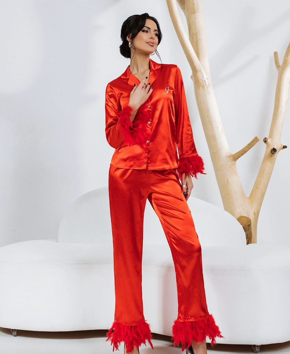 Christmas Pajamas with Feathers, Customized Xmas Satin Pyjamas