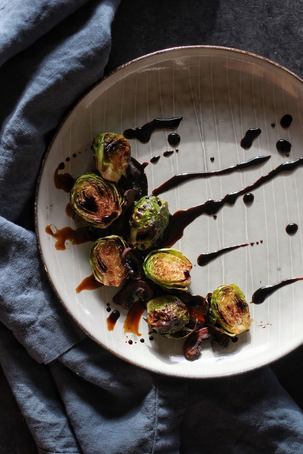 Cinnamon Roasted Brussel Sprouts with Sweet Balsamic Reduction & Smoky Mushroom Bacon