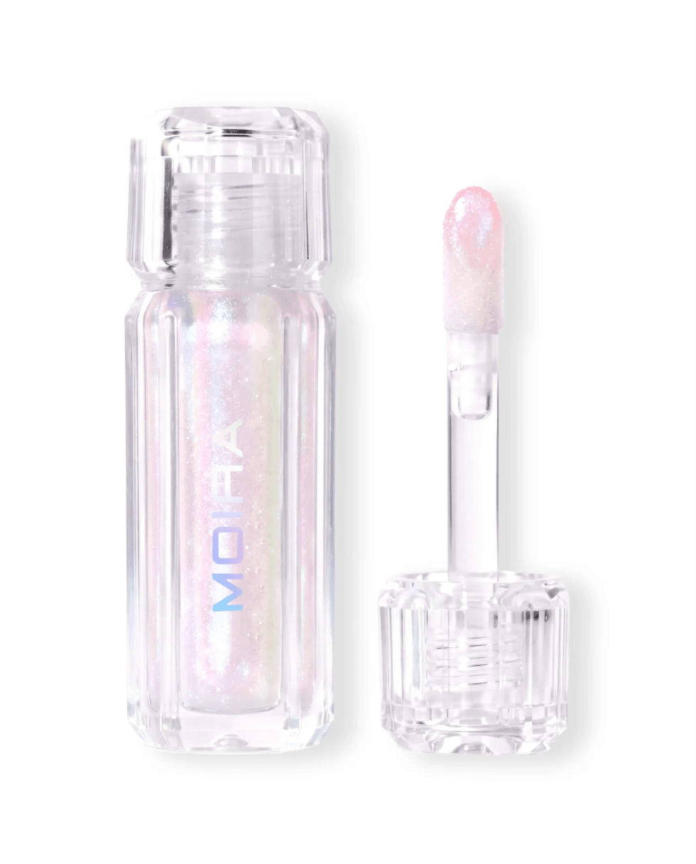 Clear cosmetic tube with shimmering pink gloss and applicator wand.
