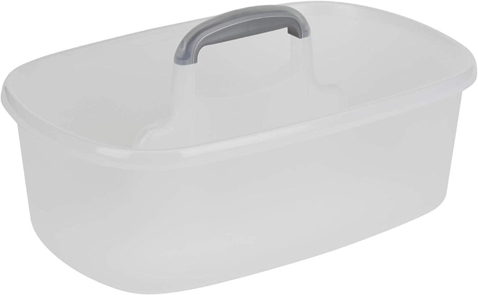Clear plastic caddy with a gray handle for storage or organizing items.