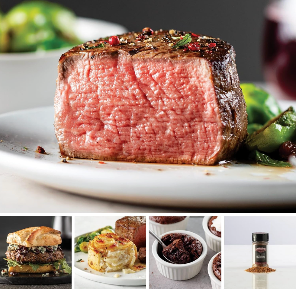 Close-up of a cooked steak with smaller images of food and seasoning below.