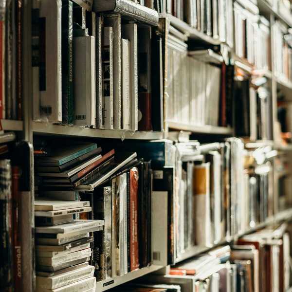 Close-up of tall bookshelves filled with various books, dimly lit ambiance.