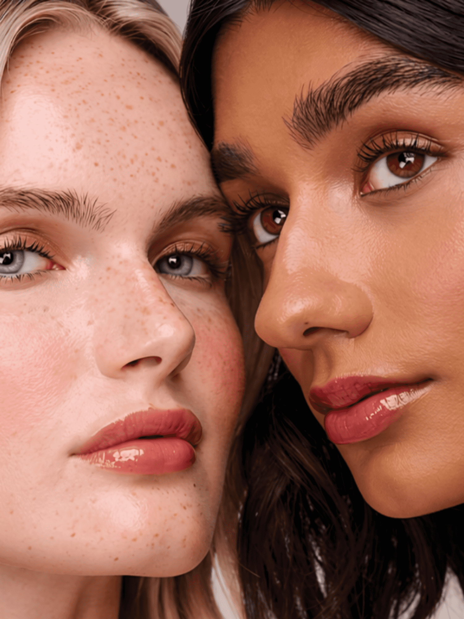 Close-up of two women with glossy lips and distinct eyebrows.