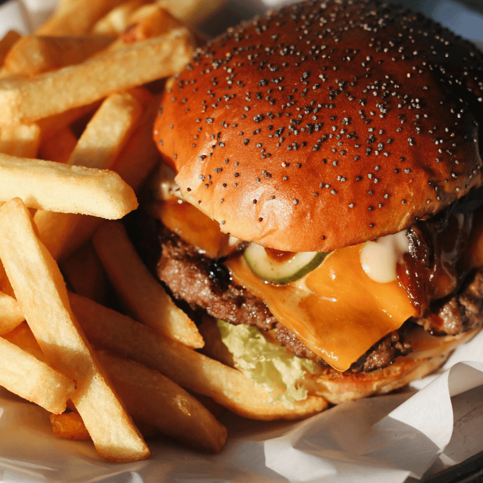 Close up view of a burger and fries in the sun