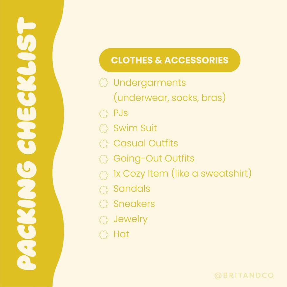Clothing packing list for vacation