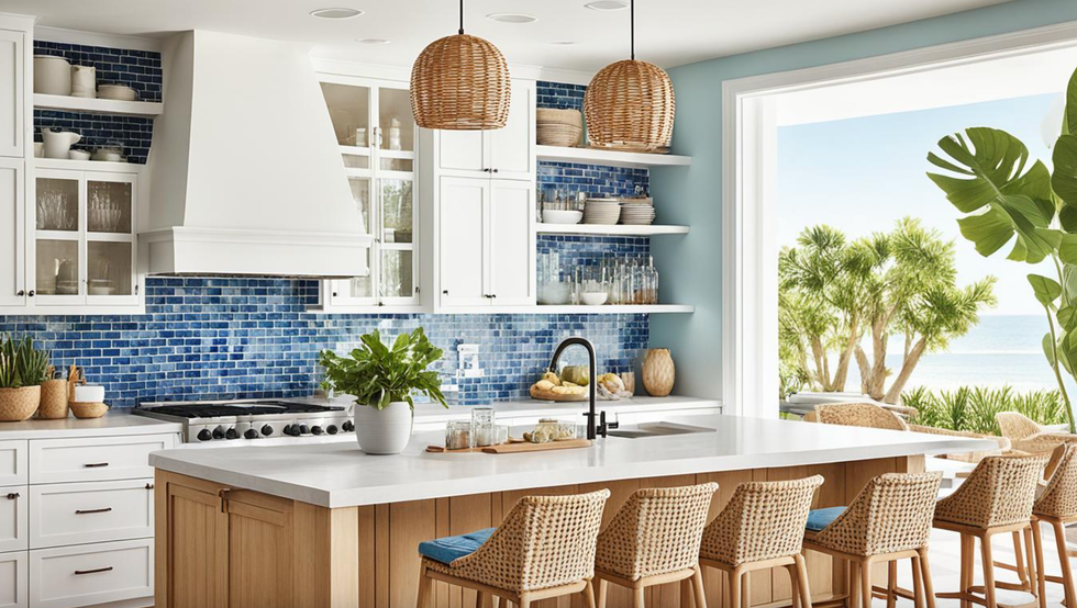 Coastal kitchen with blue tile backsplash, wicker accents, and ocean view.