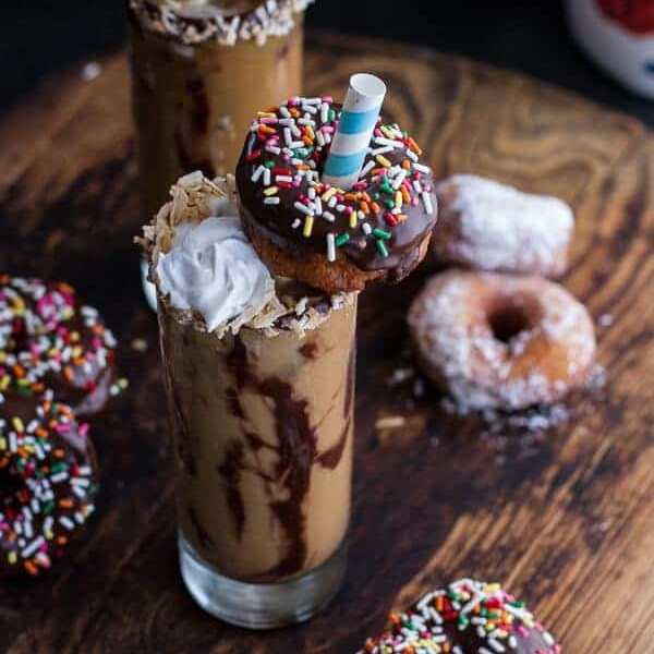 Coconut Iced Coffee (With Mini Chocolate Glazed Doughnuts!)