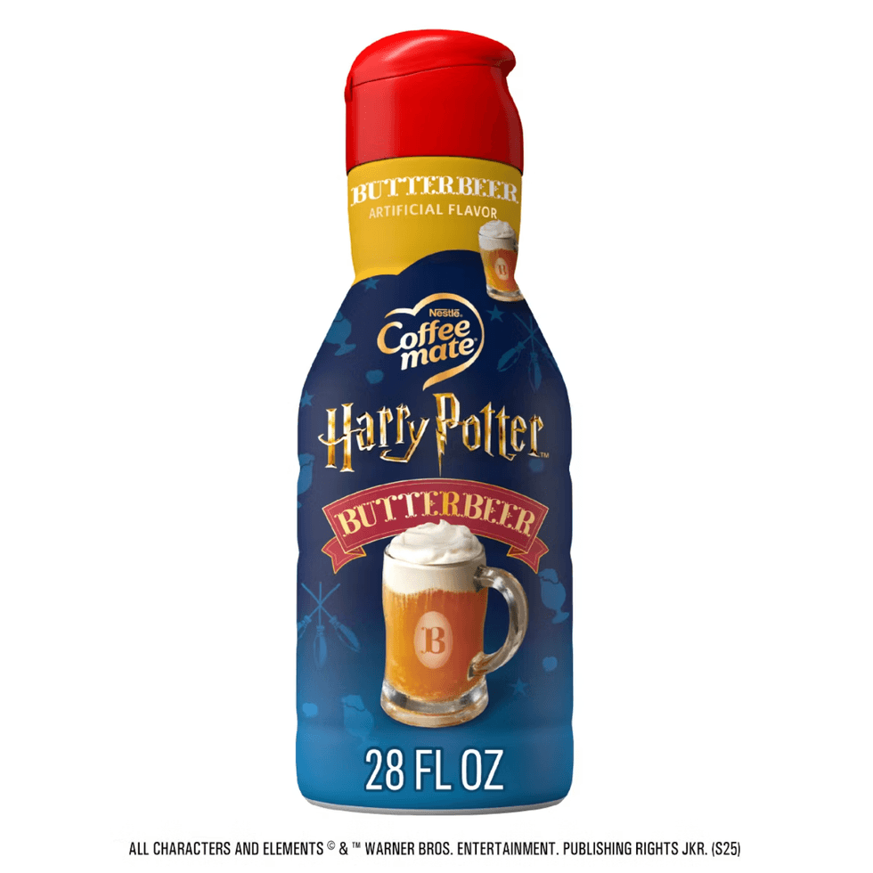 Coffee Mate Harry Potter Butterbeer creamer bottle, red cap, 28 fl oz.