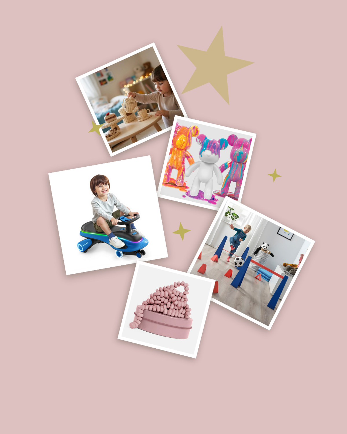 Collage of children's play activities and colorful toys on a pastel pink background.