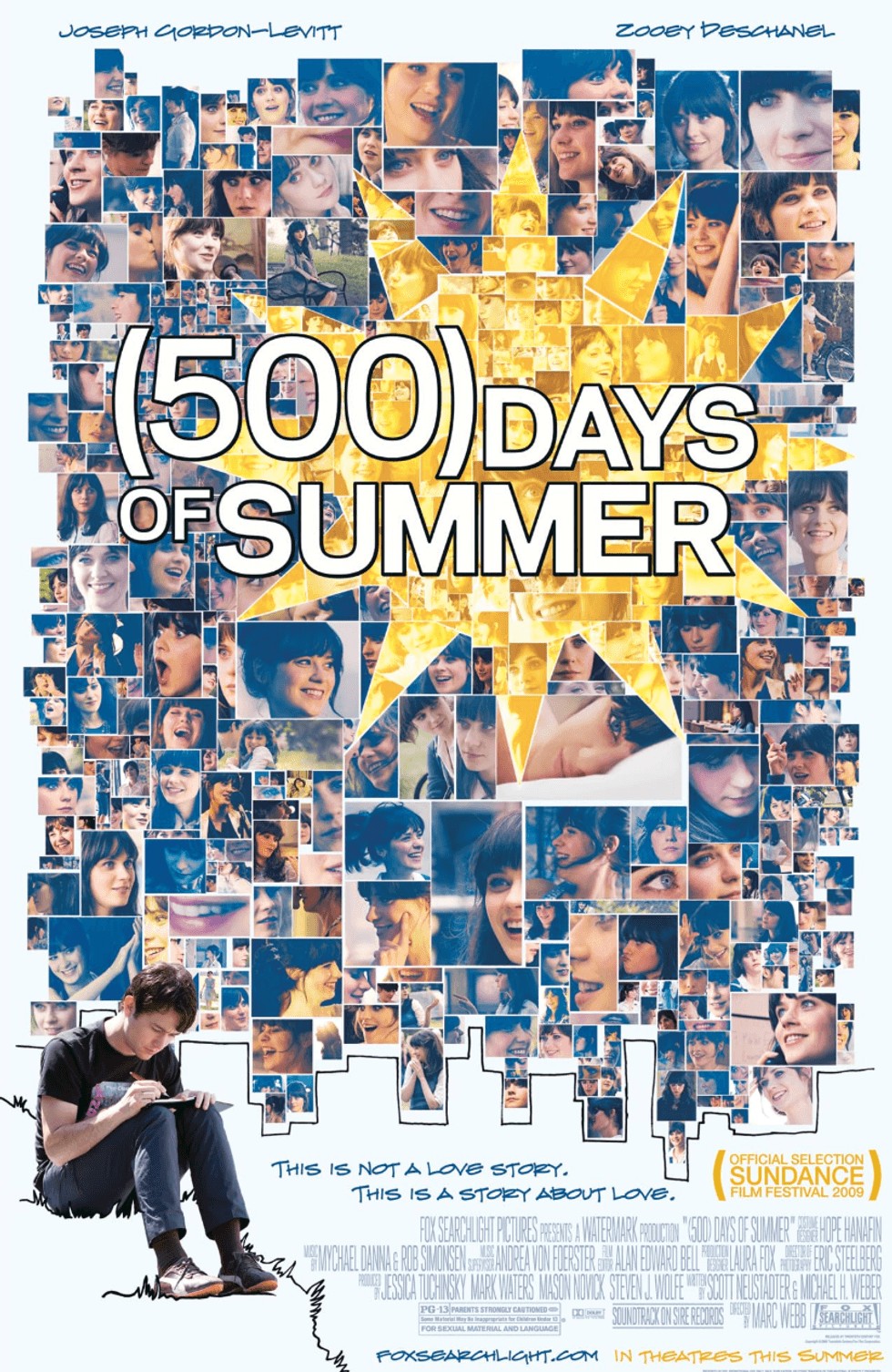 Collage of smiling woman with large "(500) Days of Summer" text and sitting man drawing.