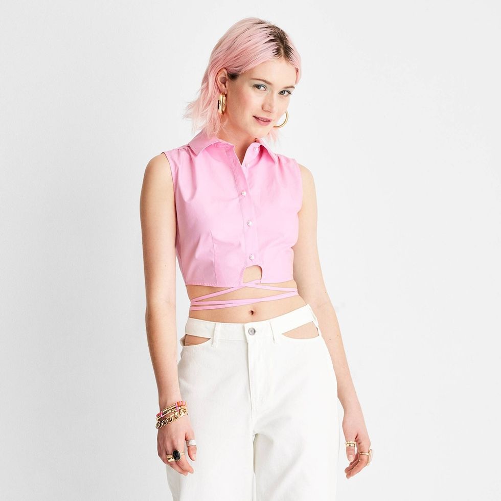 Collared Wrap Around Waist Tie Cropped Top