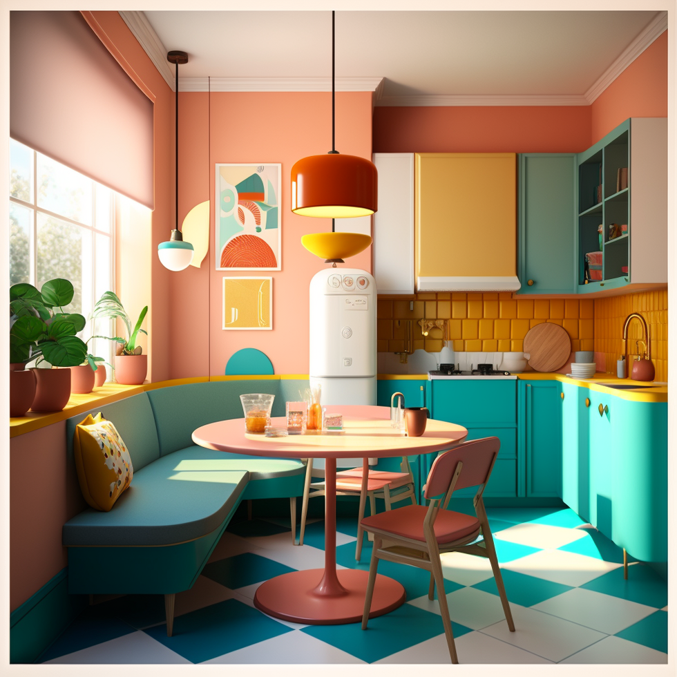 color blocked kitchen with warm bright colors lots of light and colorful dishes with dining nook