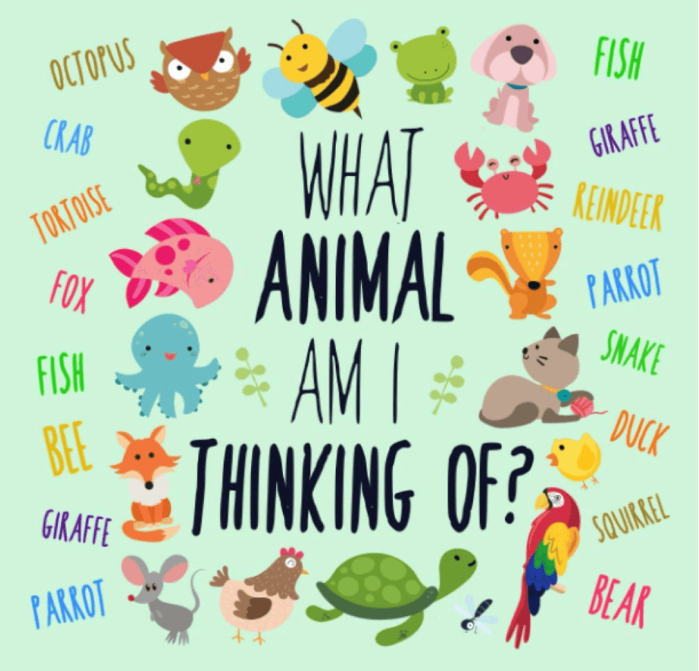 Colorful animals surrounding "What animal am I thinking of?" text.