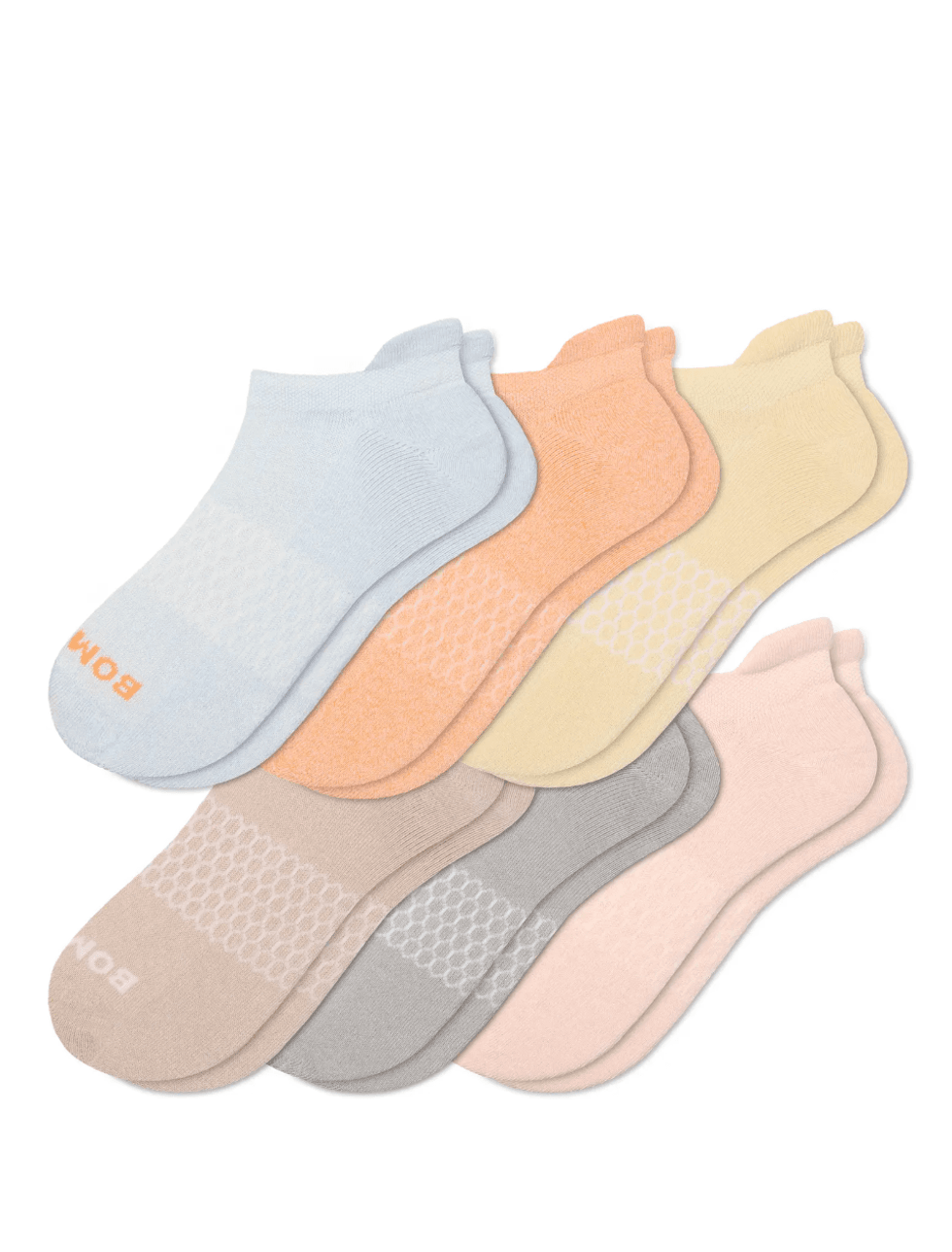 Colorful ankle socks arranged in rows, featuring pastel shades.