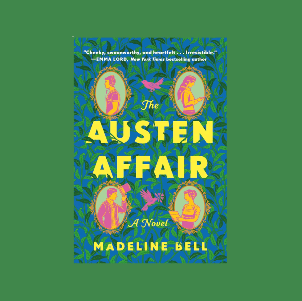 Colorful book cover, "The Austen Affair" by Madeline Bell, with vintage portraits.