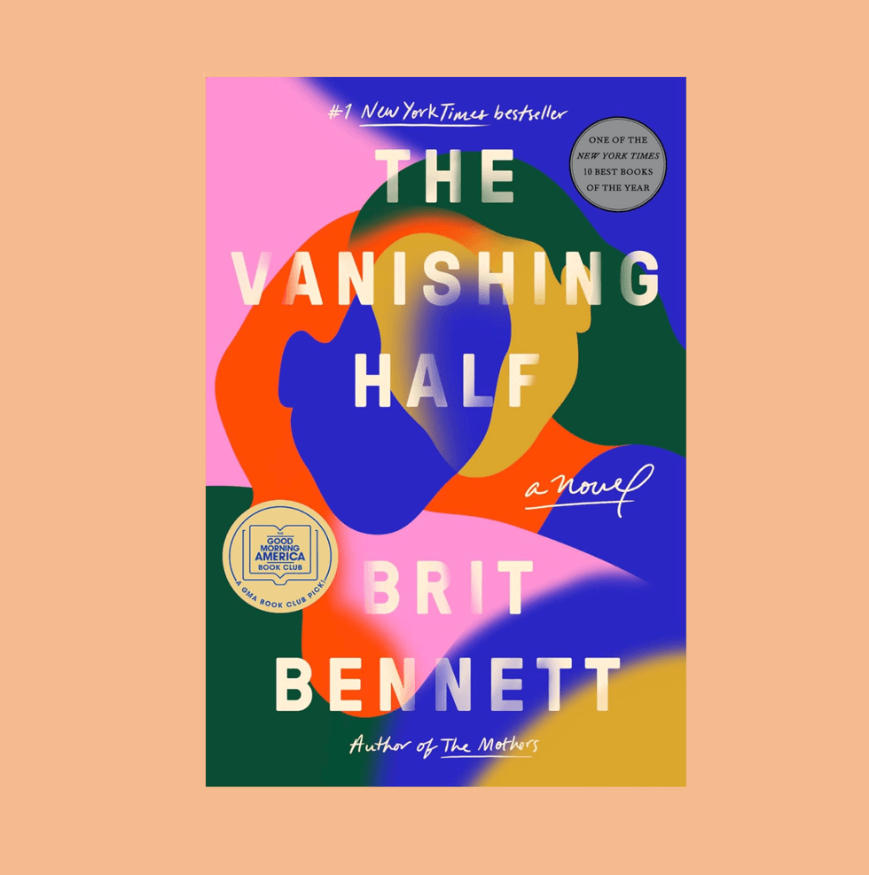 Colorful book cover: "The Vanishing Half" by Brit Bennett, abstract faces and bold text.
