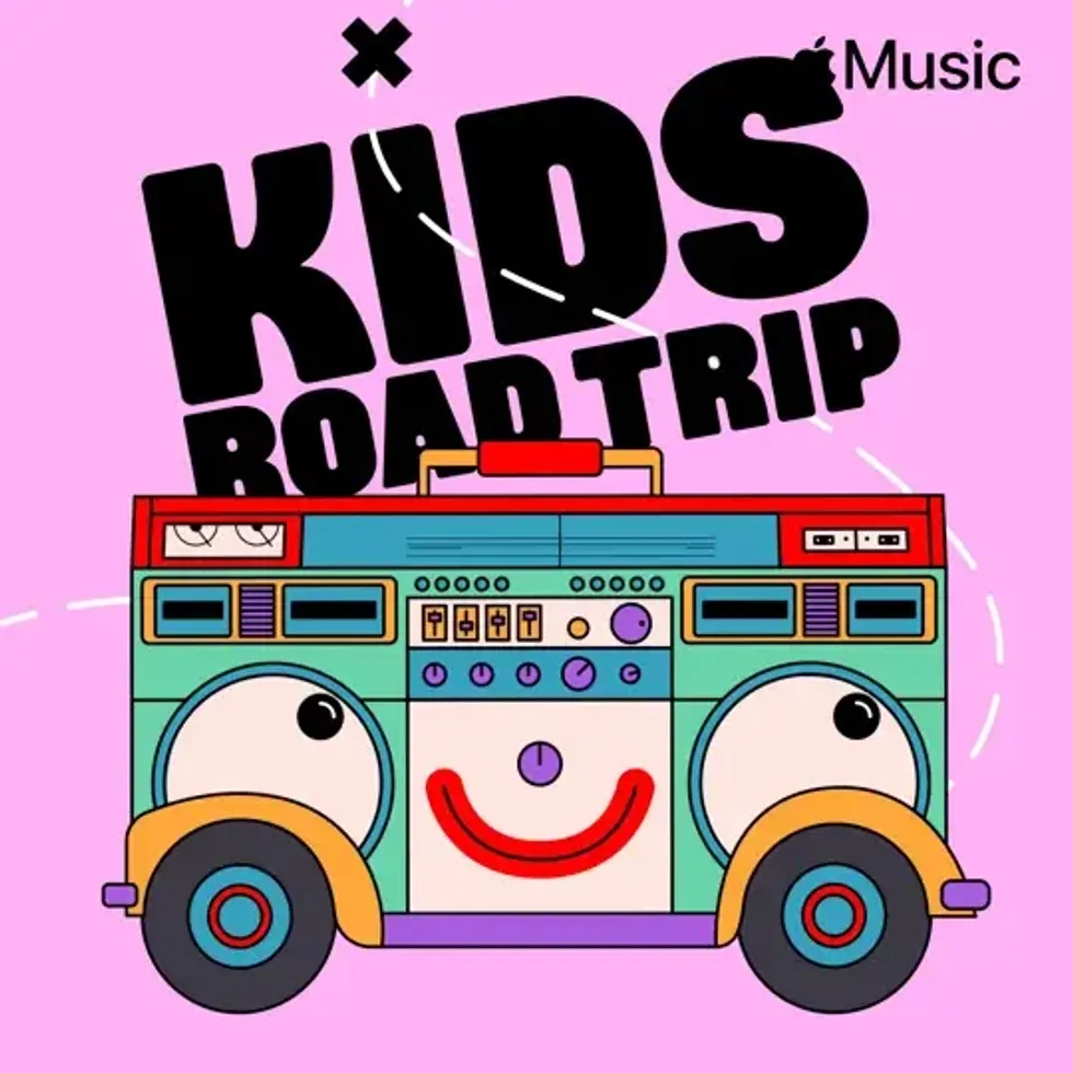 Colorful boombox with wheels and a smiley face; text reads "Kids Road Trip Music".