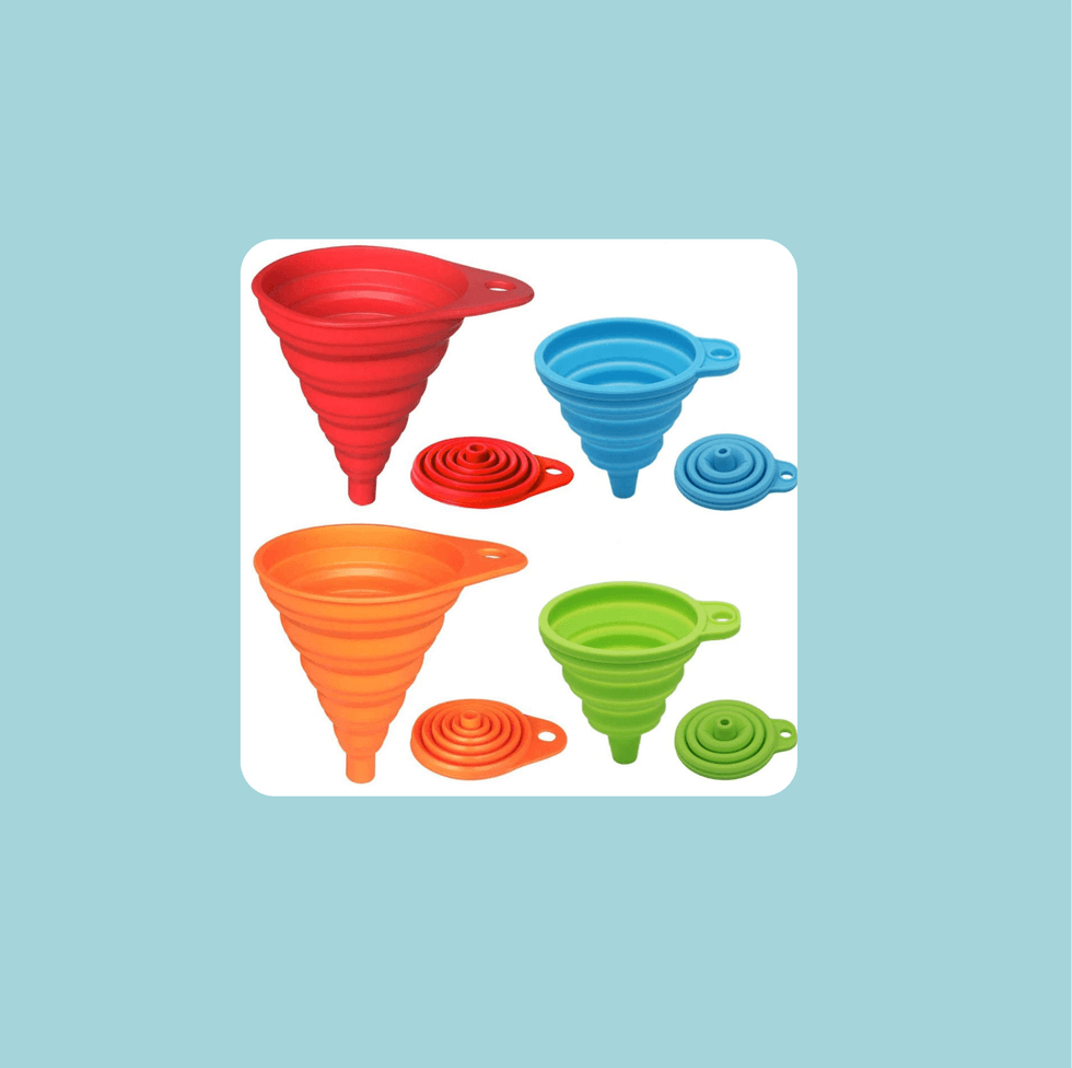Colorful collapsible funnels in red, blue, orange, and green on a light blue background.