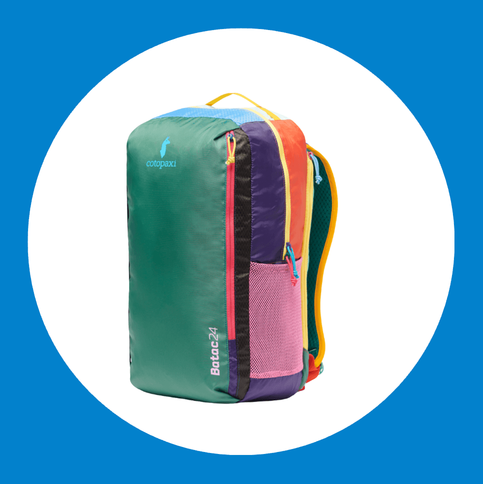 Colorful Cotopaxi backpack with multiple pockets and a branded logo.