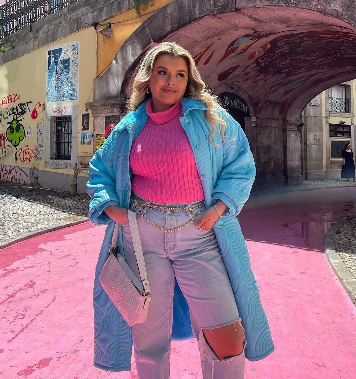 colorful fall outfits pink sweater blue coat