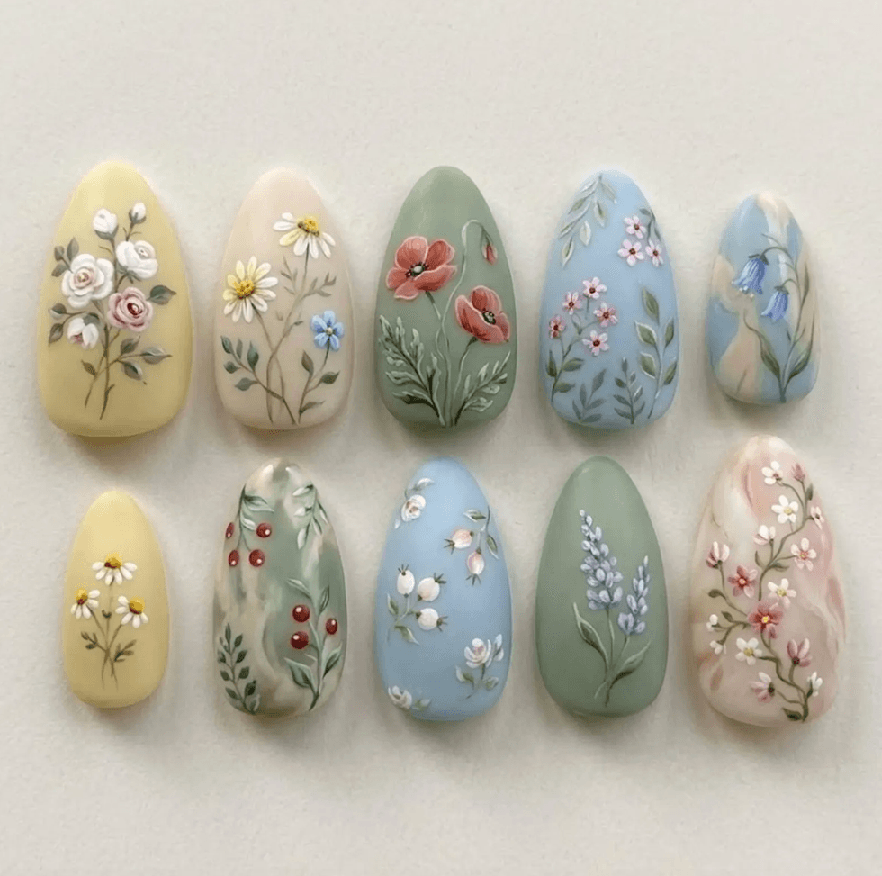 Colorful floral nail art designs on assorted pastel backgrounds.