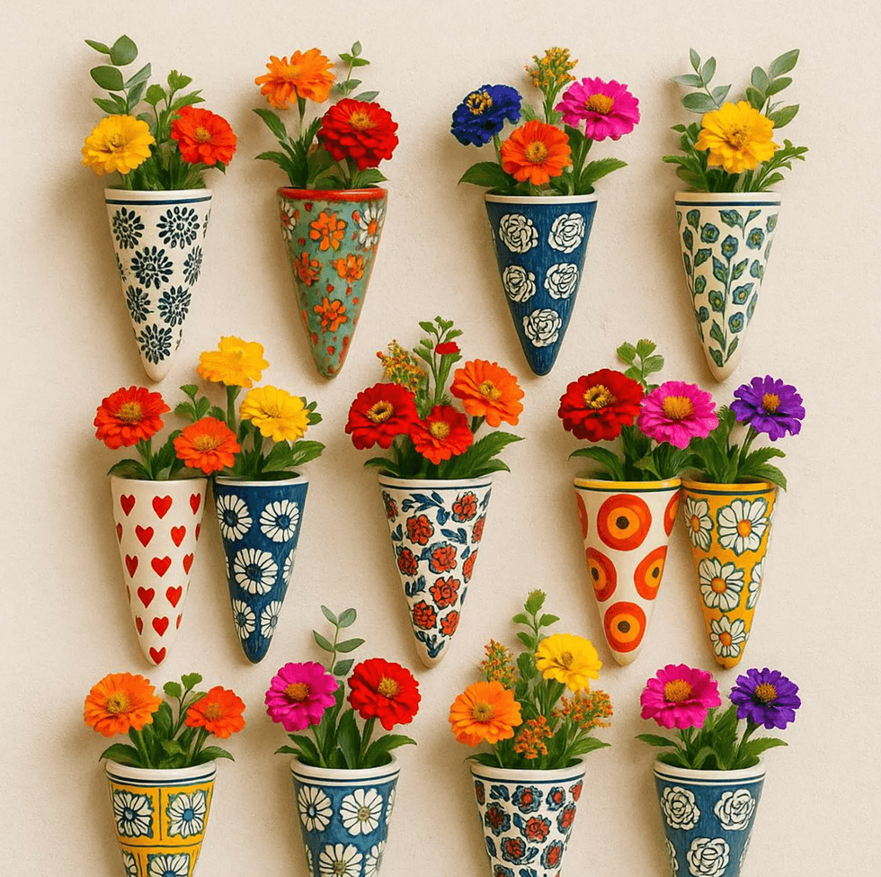 Colorful flowers in patterned cone-shaped wall vases.