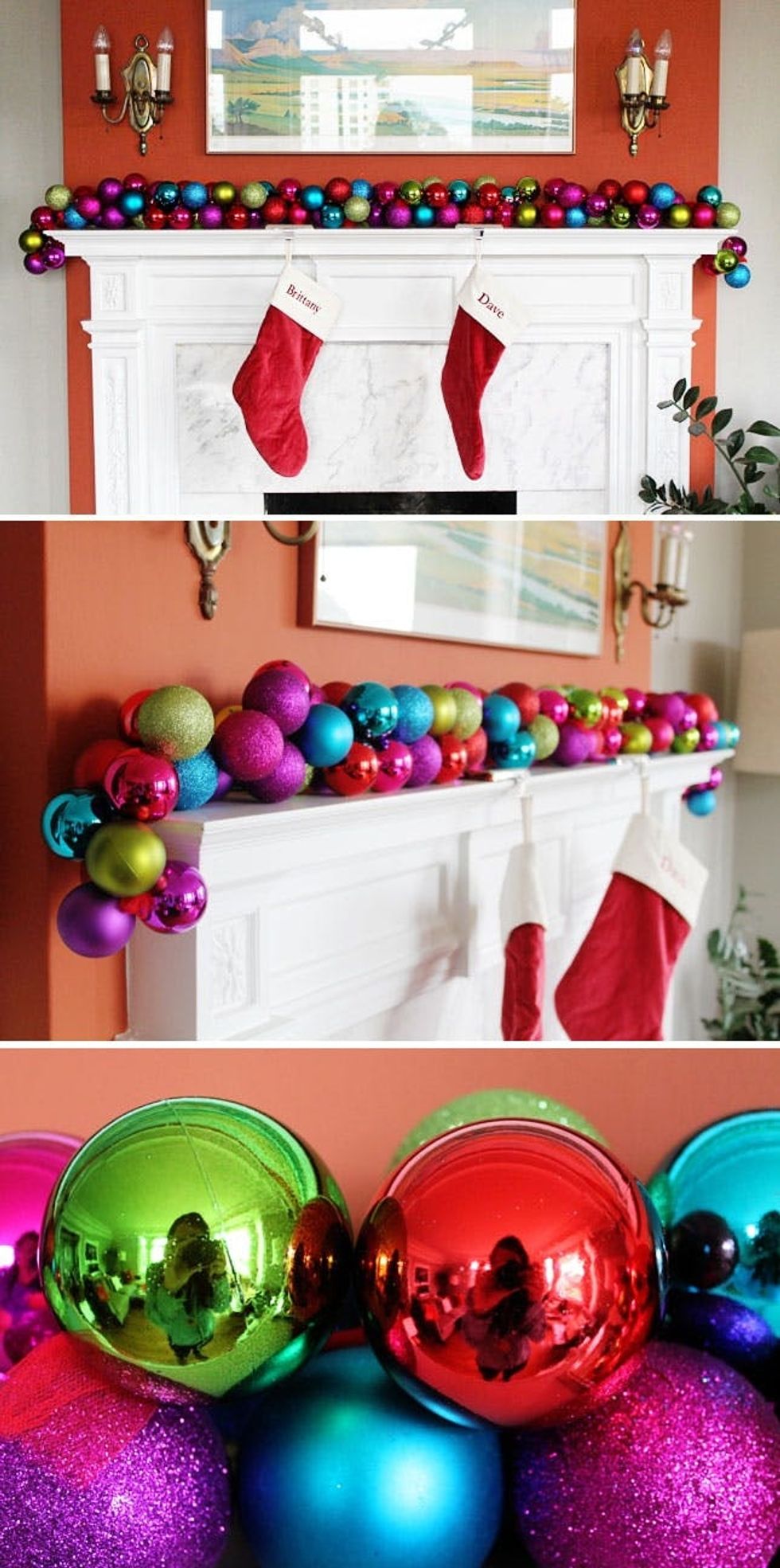 colorful ornaments over the mantel