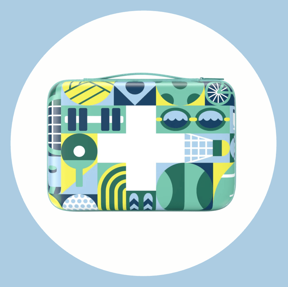 Colorful sports-themed design featuring a white cross on a rectangular bag.