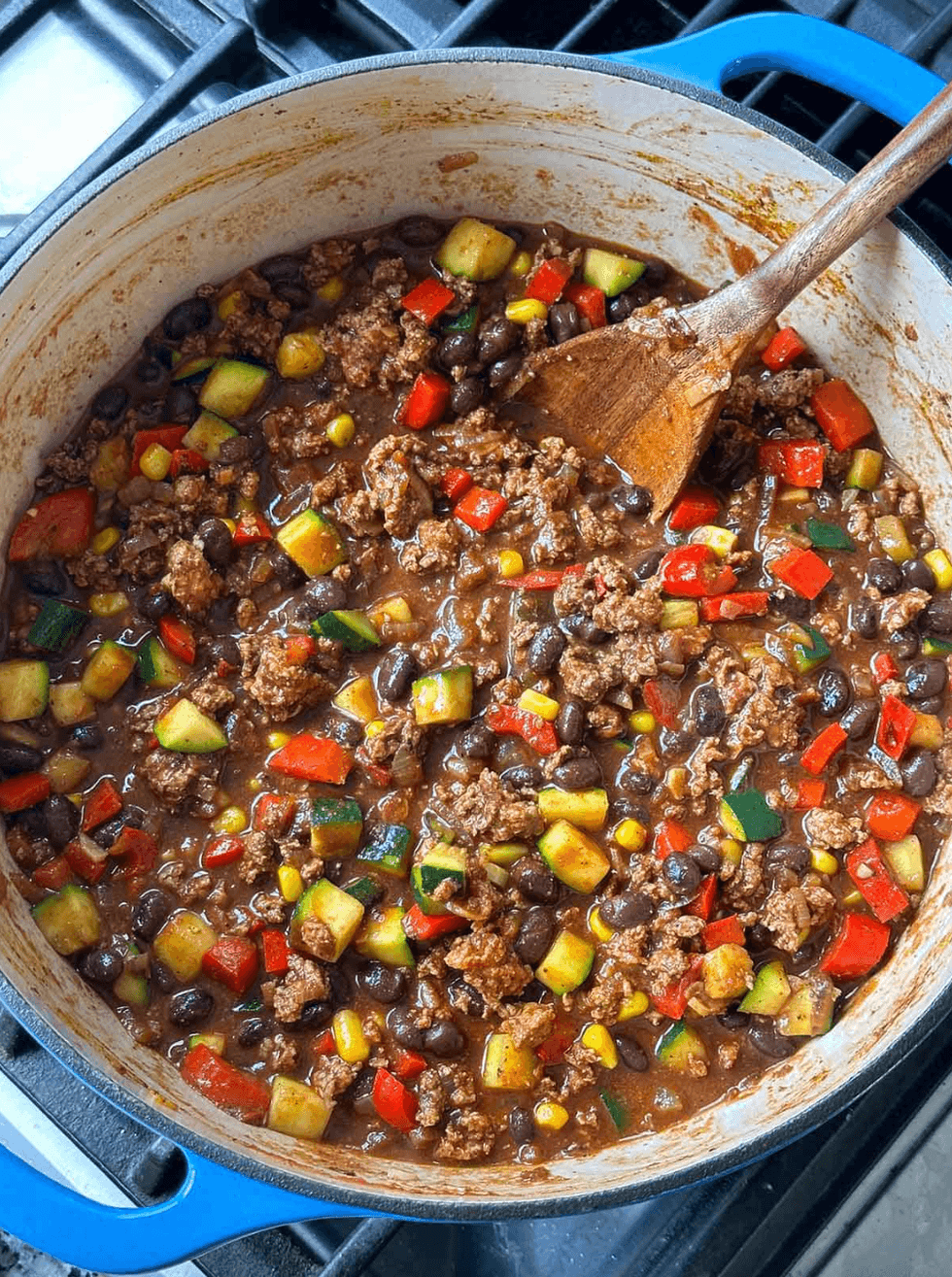 Colorful vegetable and beef chili simmering in a large pot on the stove.