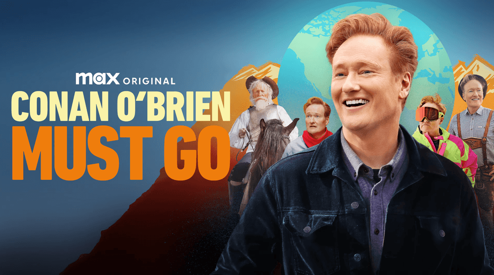 Conan O'Brien smiling with travel scenes in the background, "Conan O'Brien Must Go."