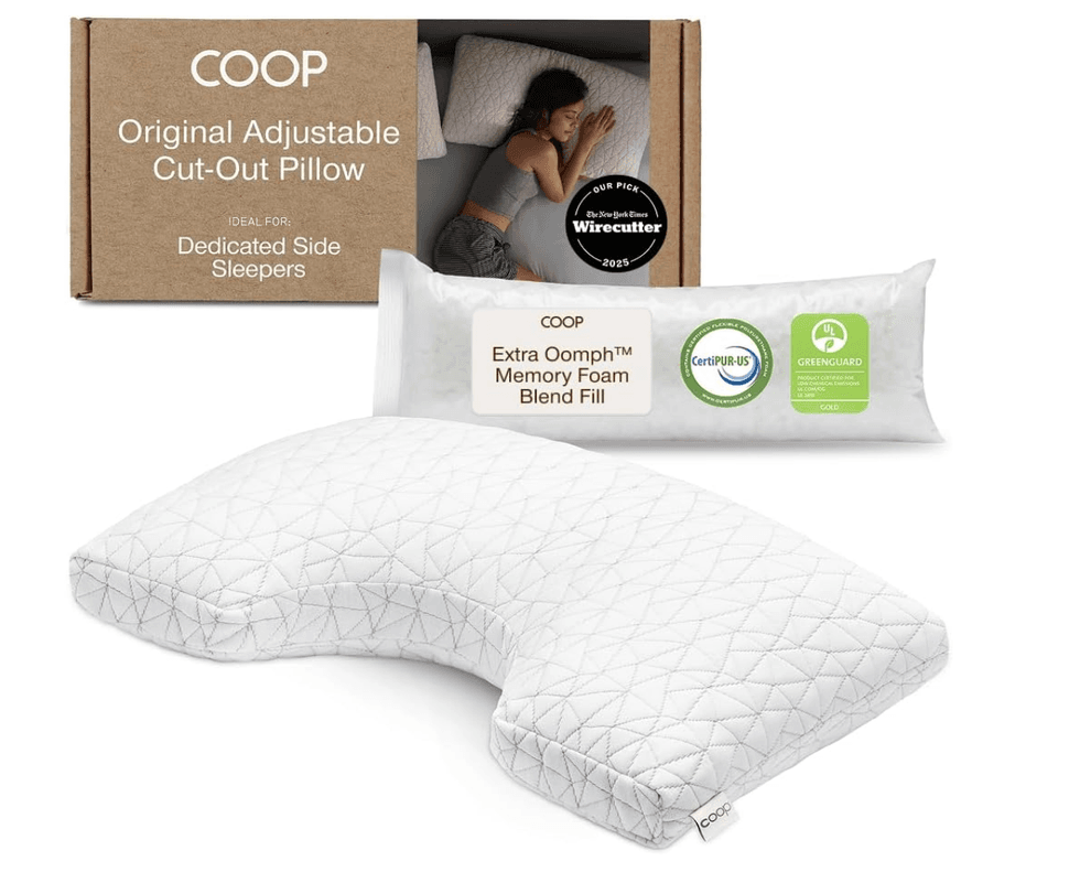 COOP adjustable cut-out pillow for side sleepers with memory foam fill.