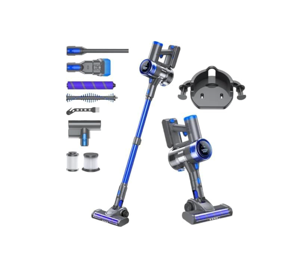 Cordless vacuum with attachments, wall mount, and filters in blue and black.