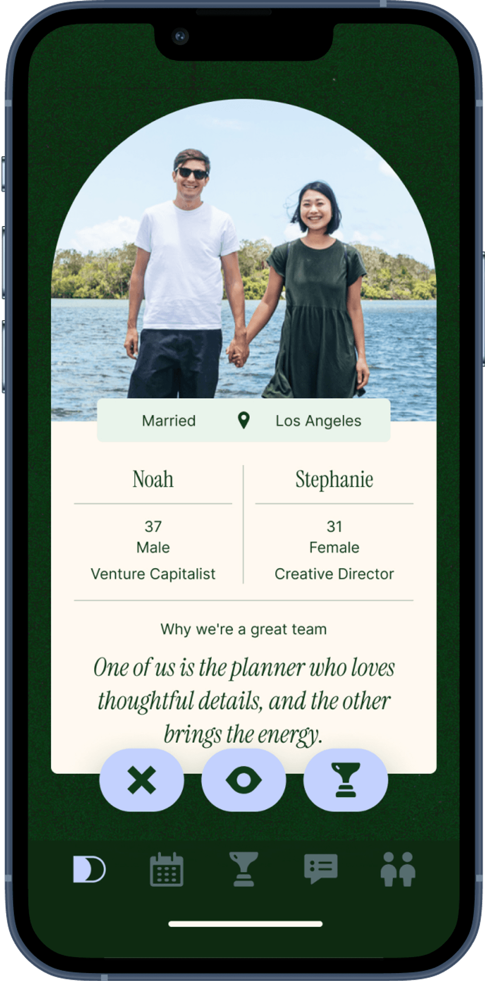 Couple holding hands by a lake, profile details displayed below the photo.