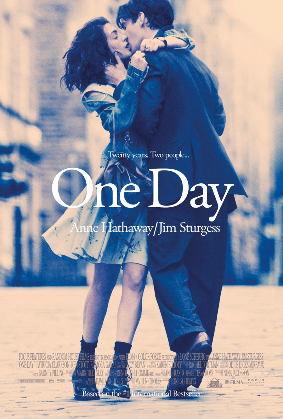 Couple kissing on street, "One Day" movie poster text overlay.