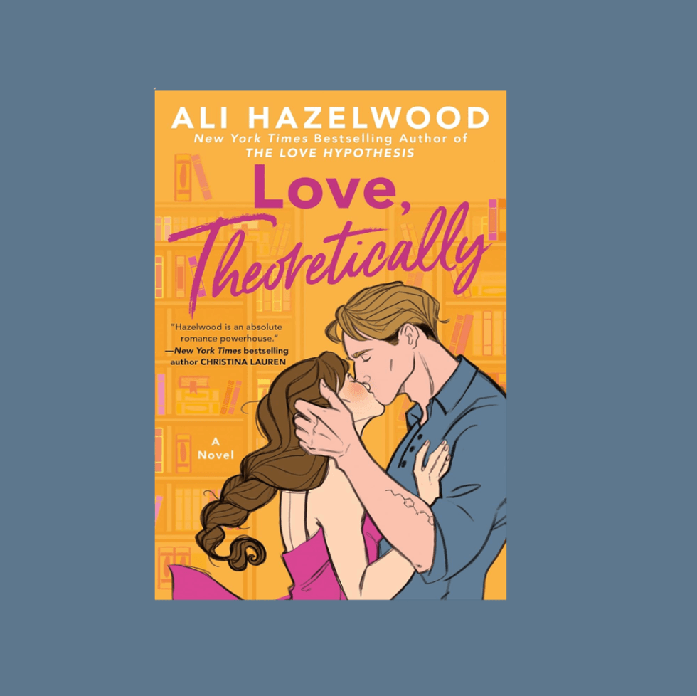 Cover of "Love, Theoretically" by Ali Hazelwood, featuring a couple embracing.