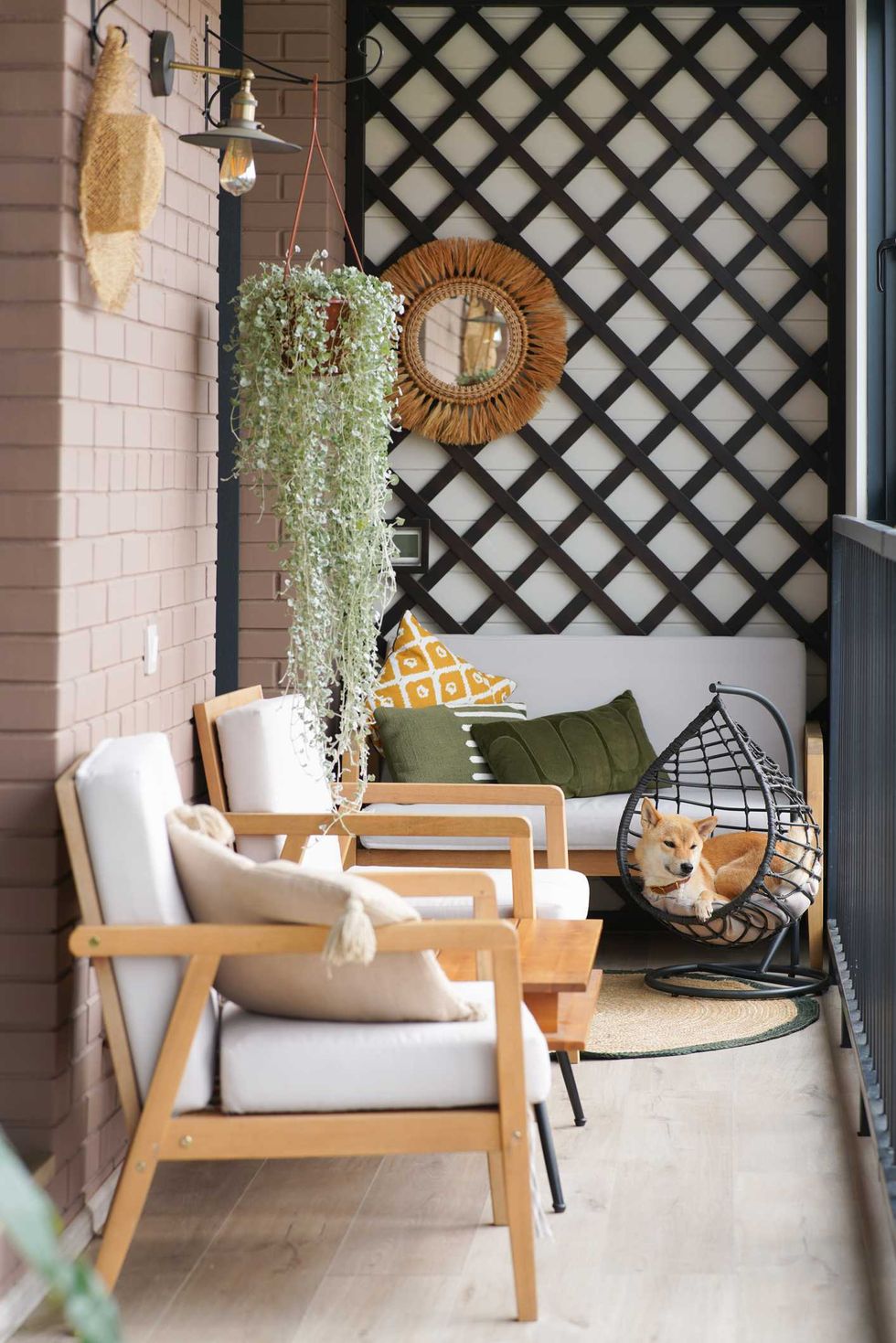 Cozy balcony with chairs, hanging plant, mirror, pillows, and a dog in a basket chair.