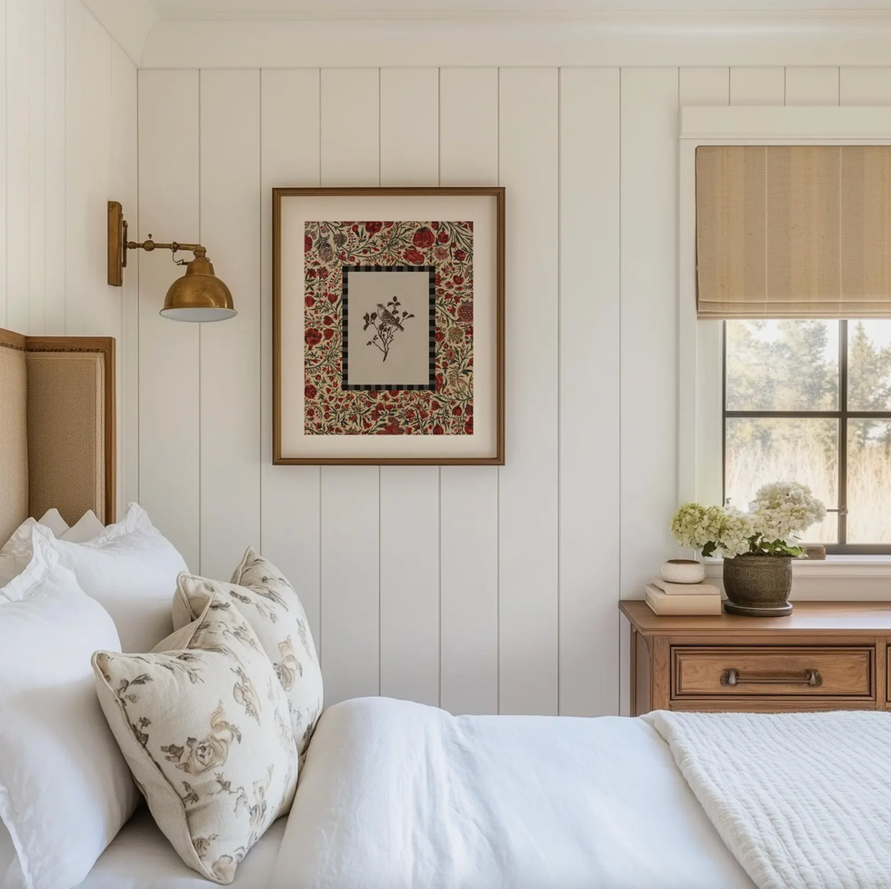 Cozy bedroom with floral art, wall lamp, and bedside table with flowers.