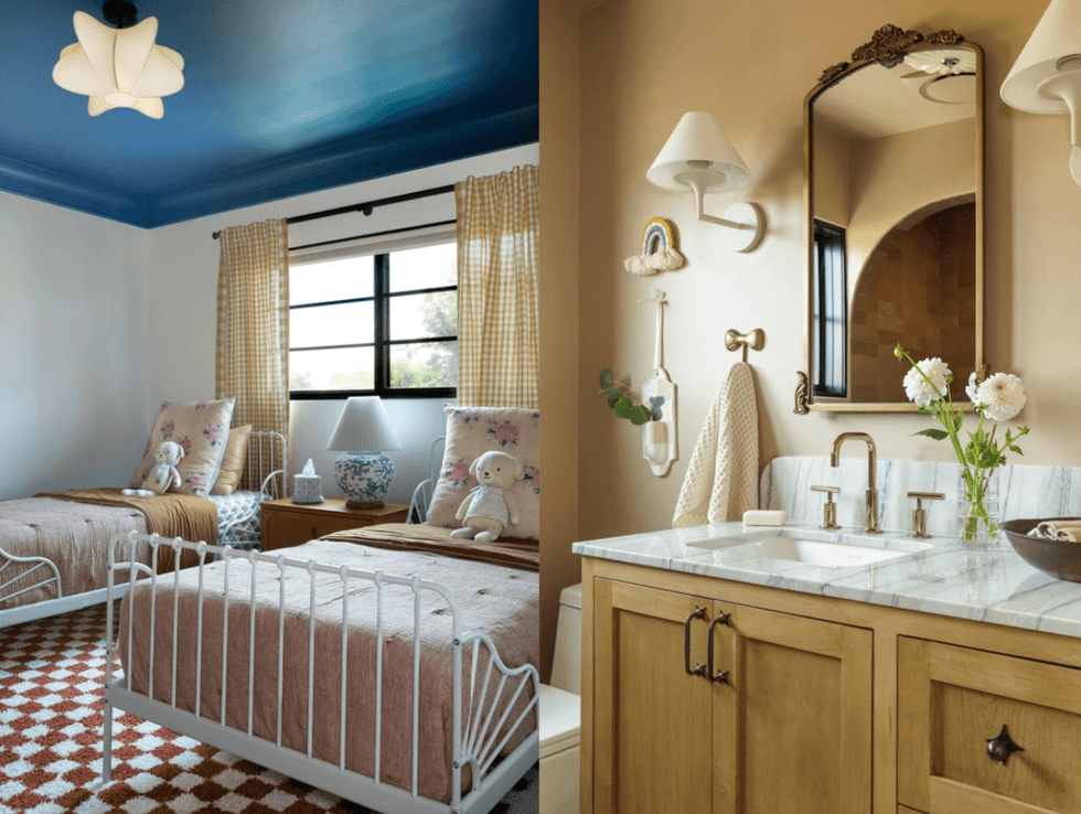 Cozy bedroom with twin beds and a stylish bathroom with wooden vanity and large mirror.