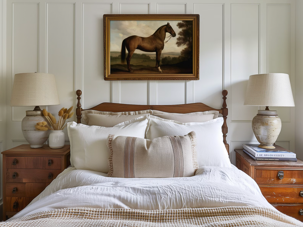 Cozy bedroom with wooden furniture, framed horse painting above the bed, and warm lighting.