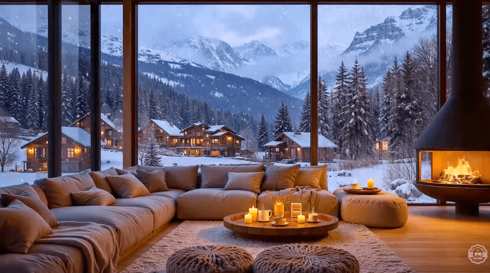 Cozy cabin interior with candles, fireplace, and snowy mountain view through large windows.