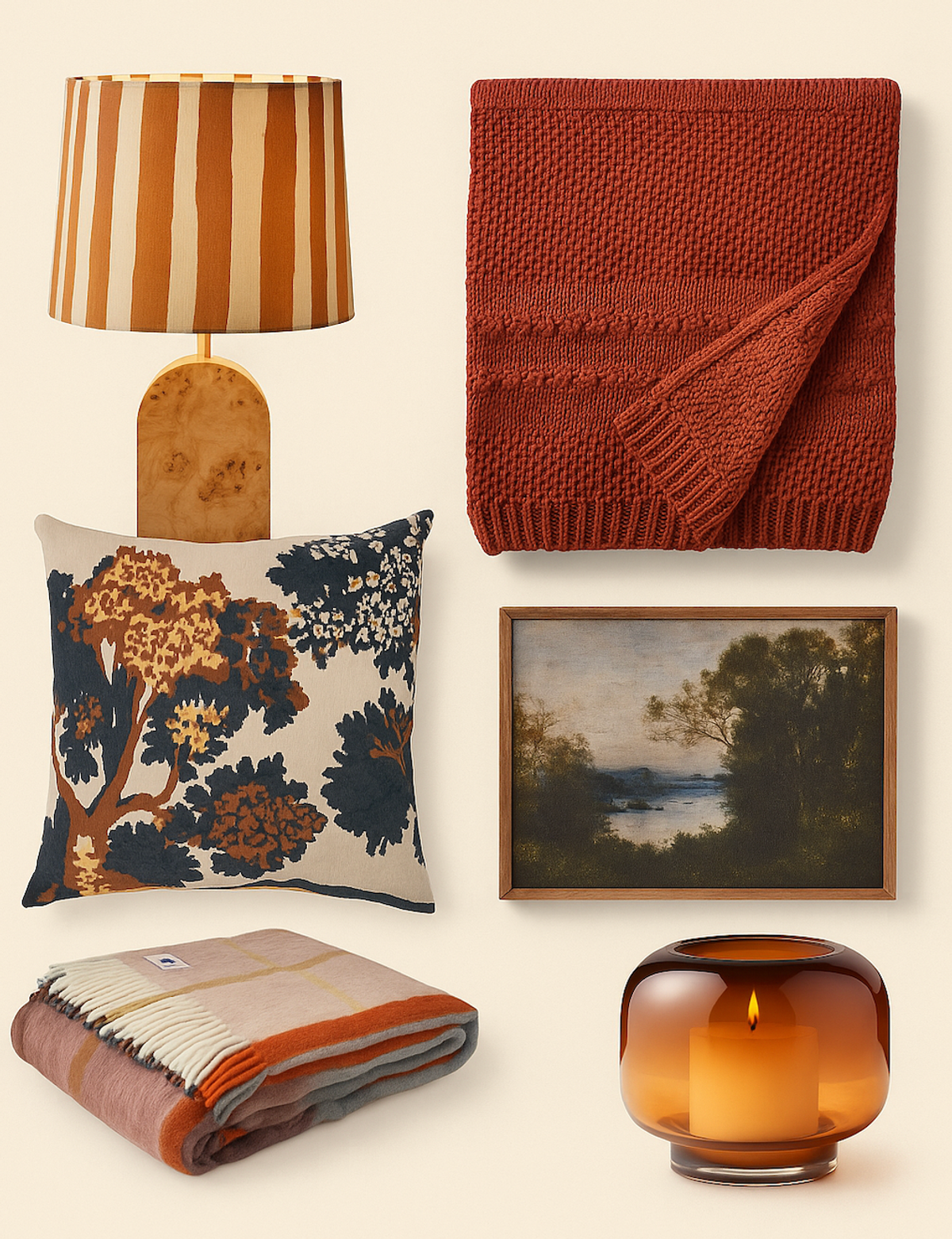 Cozy home decor items: striped lamp, knitted throw, pillow, landscape art, plaid blanket, candle.