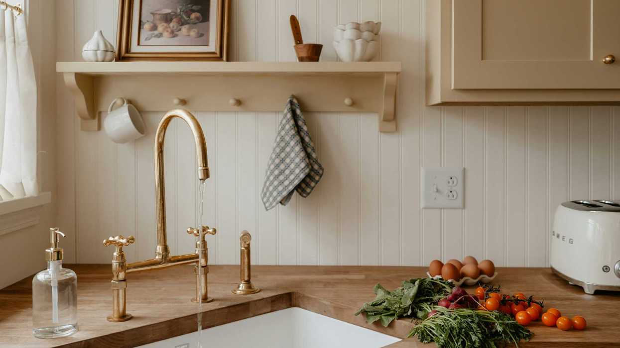 Cozy kitchen corner with running faucet, fresh produce, and retro toaster.