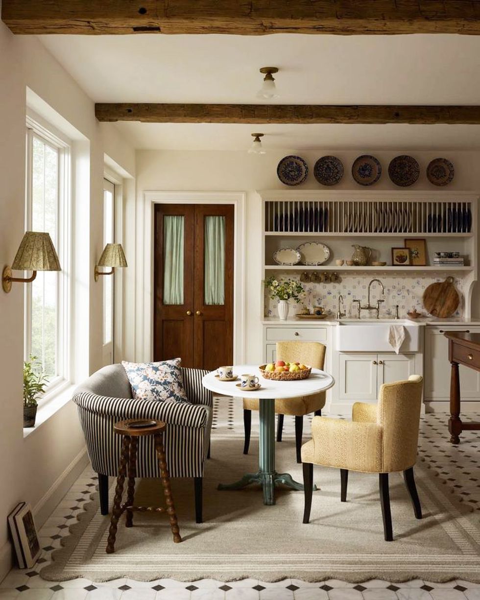 Cozy kitchen with rustic beams, round table, and striped sofa by large windows.