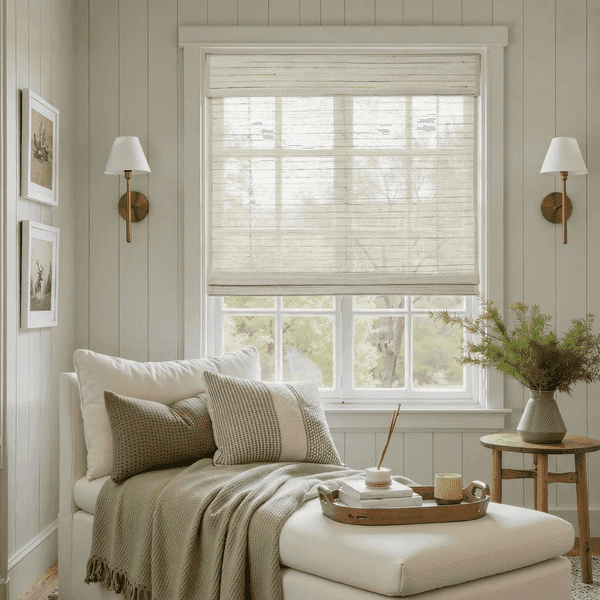 Cozy reading nook with cushions, plants, and a window with Roman shades.