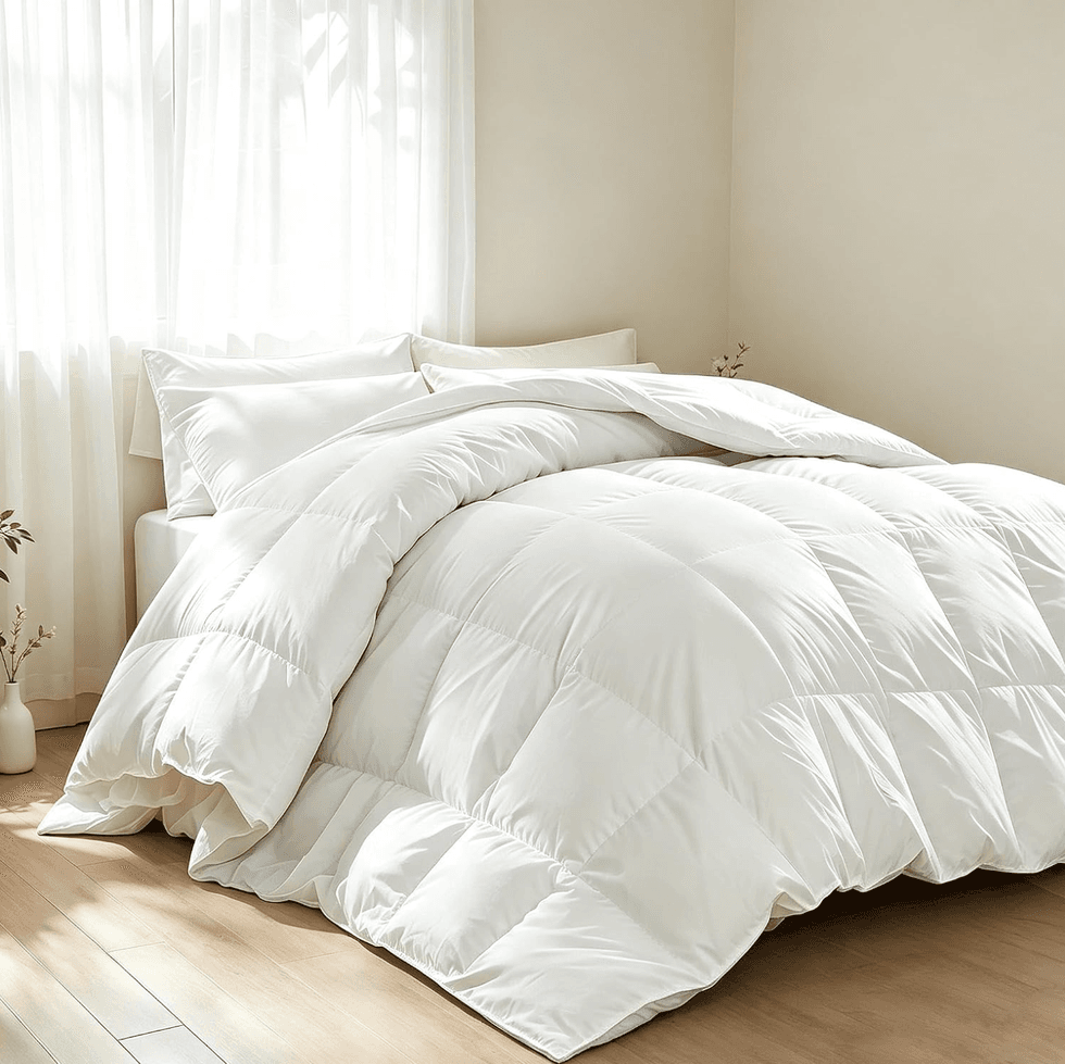 Cozy white bed with fluffy comforter in a sunlit room.