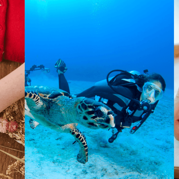 Crafting bouquet, scuba diving with turtle, and arranging dumplings on a tray.